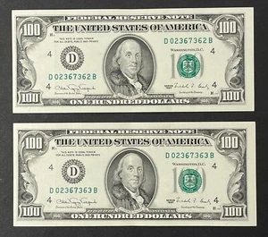 100 $ Scheine zwei aufeinanderfolgende 1990 unzirkuliert Cleveland D02367362B und 63B - Bild 1 von 2