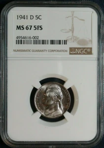 :1941-D 5C JEFFERSON-NICKEL RARE LUSTROUS NGC-MS-67-5FS 5-FULL-STEPS HIGH-GRADES - Picture 1 of 2