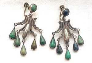Vintage Rare Early Taxco Sterling Turquoise & Lapis Chandelier Earrings - Cortes - Picture 1 of 12