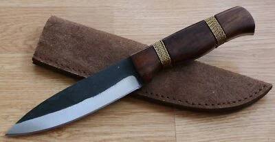 10” Fixed Blade Knife Full Tang Carbon Steel Hand Forged Barbed Wire Wood Handle - Image 1 of 4