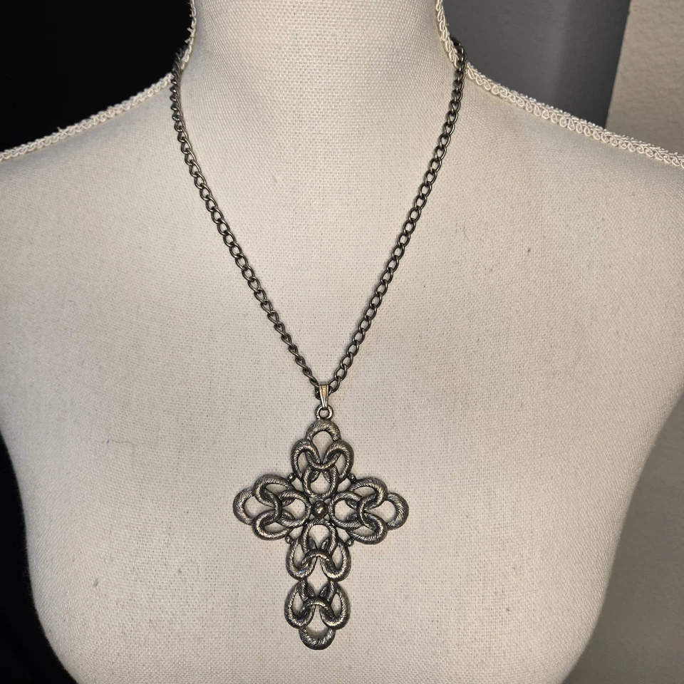 Vintage Sarah Coventry Silver/Pewter Tone Statement Cross Pendant 24"  Necklace  - Image 1 of 3