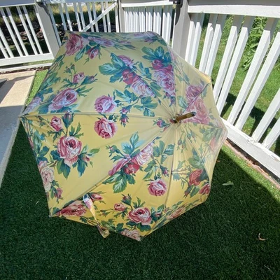 Vintage Cottagecore Umbrella • Large Pink Cabbage Rose Pattern • Yellow Backgrnd - Image 1 of 4