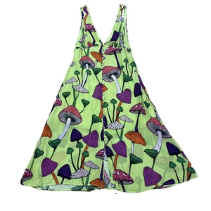 Farm Rio Lime Green Mushrooms Midi Dress L Satin V-Neck Button Sleeveless Fairy - Picture 1 of 20
