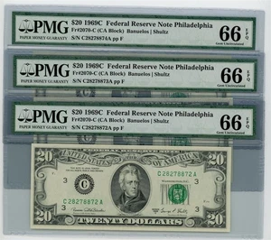 Fr. 2070-C $20 1969C 3 Consecutive Federal Reserve Notes 66 EPQ PMG DC-2492 - Picture 1 of 3