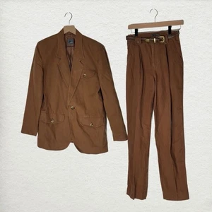 Vintage Lizwear 2-Piece Brown Linen Suit Blazer Pants Set Sz 6 Belted 90s Safari - Picture 1 of 9