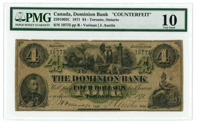 Billete de 4 dólares Dominion Bank Toronto Canadá 1871 PMG 10 CTFT 220-10-02C (65050) Foto 1 de 2
