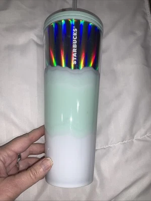 Starbucks Holiday 2021 Icy Mint/White Iridescent Silver Foil 24oz Cold Cup New - Image 1 of 4