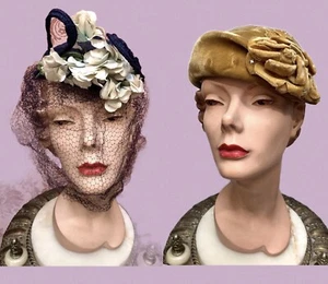 Lot-2) VTG 1940s Hats NEW YORK CREATION Saucer W/Flowers & VELVET Profile w ROSE - Picture 1 of 9