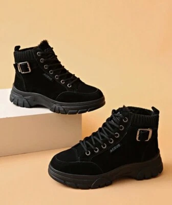 RUGGED  Black Boots Suede Buckle Sweater Boot Shoes Fuzzy Inside Lightweight 40 - Image 1 of 4