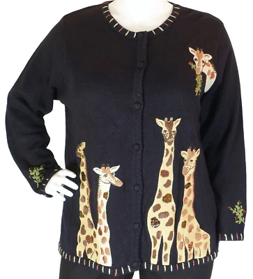 THE QUACKER FACTORY~NWT!!~BLACK RAMIE/COTTON BLEND GIRAFFE CARDIGAN SWEATER 1X - Image 1 of 4
