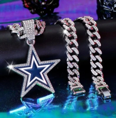 DALLAS COWBOYS Cadena Circonita Plateada Abanico Joyería Bling Hip Hop Colgante Y Cadena 24" Foto 1 de 4