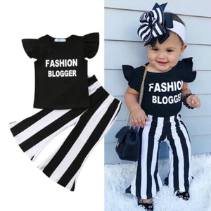 2PCS Kids Toddler Baby Girl Ruffle Sleeve T-Shirt Tops+Stripe Flared Pant Outfit - Picture 1 of 9