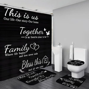 Family Shower Curtain Set Black Home Bathroom Set with Shower Curtain and Rugs a - Picture 1 of 12