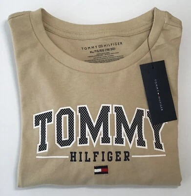 Tommy Hilfiger Boy's T-Shirt Beige  w/ Logo Sz 18/20 X-Large Crew Neck NEW - Image 1 of 4