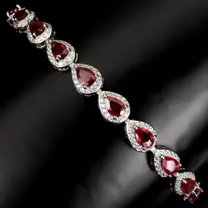 Heated Pear Red Ruby 6x4mm Simulated Cz 925 Sterling Silver Bracelet 8 Inches - Picture 1 of 11