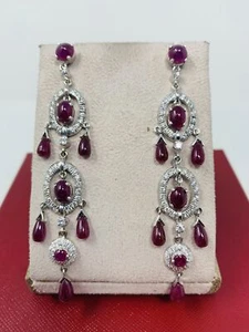 18K White Gold Chandelier Diamond & Cabochon Ruby Earrings - Picture 1 of 3