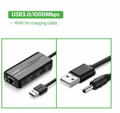 Adaptateur Réseau USB 3.0 vers RJ45 Gigabit Ethernet 1000 Mbps + Hub 3 Ports USB - Photo 1/4