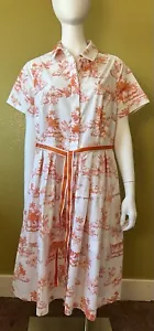 Donna Morgan Tropical Toile Stretch Poplin Midi Shirt Dress 16W Pockets Orange - Picture 1 of 24