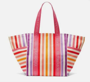 Victoria’s Secret Large Striped Weekender Tote Bag Logo Beach Bag - NEW WITH TAG - Picture 1 of 5