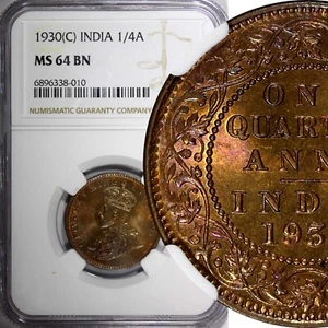 India-British George V Bronze 1930 (C) 1/4 Anna NGC MS64 BN KM# 512 (010) - Picture 1 of 5