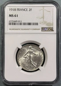 France 1918 Silver 2 Francs French Paris Mint BU Coin NGC MS6 Full White Luster - Picture 1 of 4