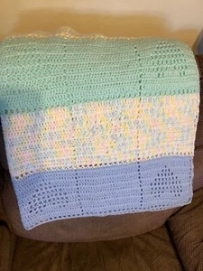 Handmade crochet baby crib blanket mint green pink blue 44” x 50” FREE SHIP - Picture 1 of 4