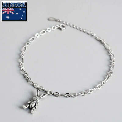 Fashion Woman Real s925 Sterling Silver Cute Bunny Charm Bracelet Rolo Chain - Image 1 of 4