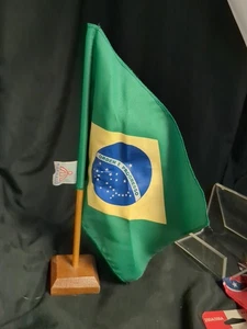 Vintage Desk Top Flag 4" x 6" With Wooden Stand Brazil - Picture 1 of 4