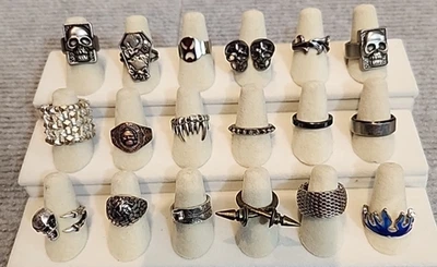 Jewelry 18 Rings Goth Collection Sized Stretch Silver Bronze Brass Tones Lot #97 - Image 1 of 4