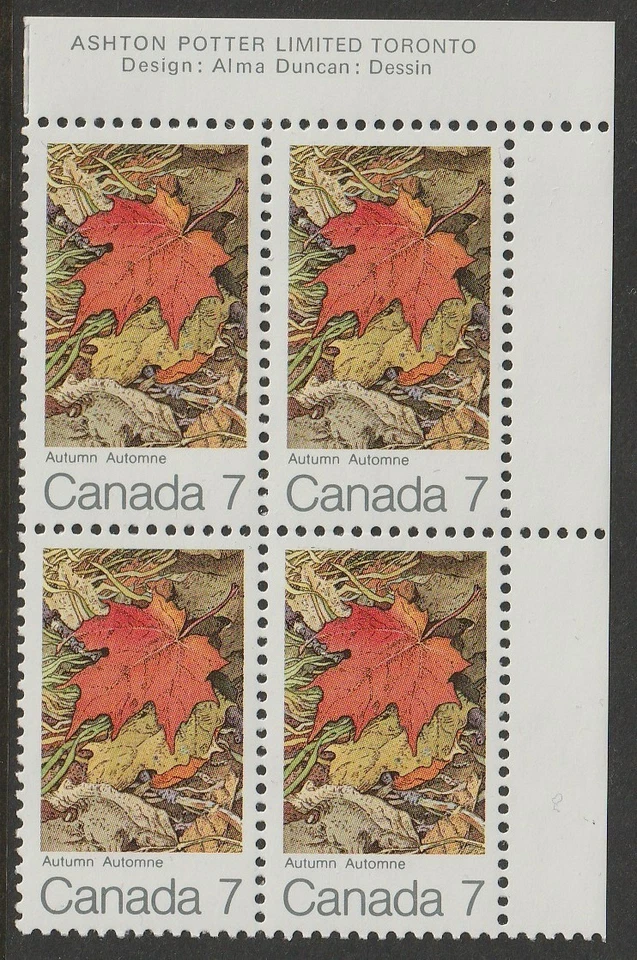 Canada #537, Maple Leaves in Autumn, UR Plate Block of 4, MNH 1971 — 第 1/1 张图片