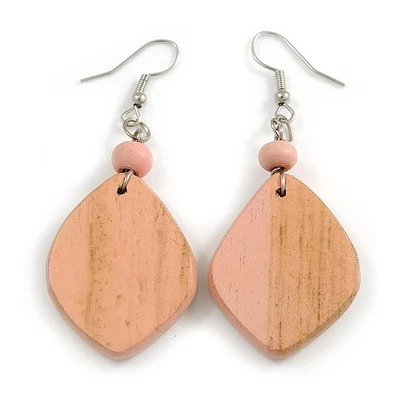 Diamond Shape Pink Washed Wood Drop Earrings - 60mm L - Image 1 of 4