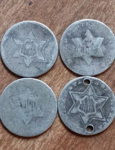 LOT OF 4 1851, 1853, 18??,? THREE CENT SILVER PIECE TRIME 3c CIRCULATED - Picture 1 of 10