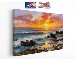 Sunset Ocean Waves Canvas Wall Art – Coastal Seascape Print Framed or Rolled - Picture 1 of 9