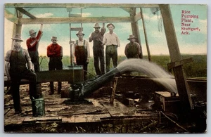 Stuttgart Arkansas~7 Workers at Rice Pumping Plant~Close Up Pump~1921 Postcard - Picture 1 of 2