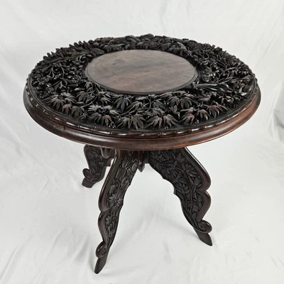 Antique Carved Rosewood Round Table 1800's Chinese Folding Art Nouveau - Image 1 of 4