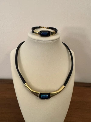 Metal Gold-tone and Leather Dichroic Glass Set of Bracelet and Chocker Necklace - Image 1 of 4