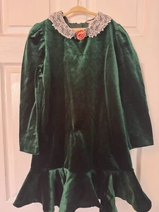Vintage Rare Editions Party Church Dress Green Velvet White Lace Sz 12  - Picture 1 of 4