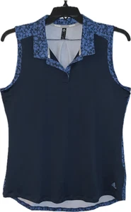 Adidas Golf Women’s Sleeveless Polo Front Button Crew Navy Floral Trim Sz L NWT - Picture 1 of 7