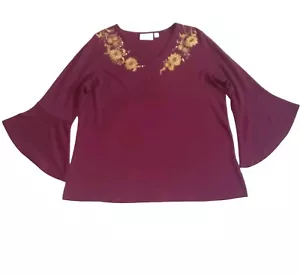Top ricamato fabbrica ciarlatani taglia 18 maniche a campana bordeaux paillettes floreali boho - Foto 1 di 11