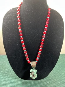 VINTAGE RED CORAL & TURQUOISE BEADS, STERLING LARGE TURQUOISE ROCK 26" NECKLACE - Picture 1 of 15