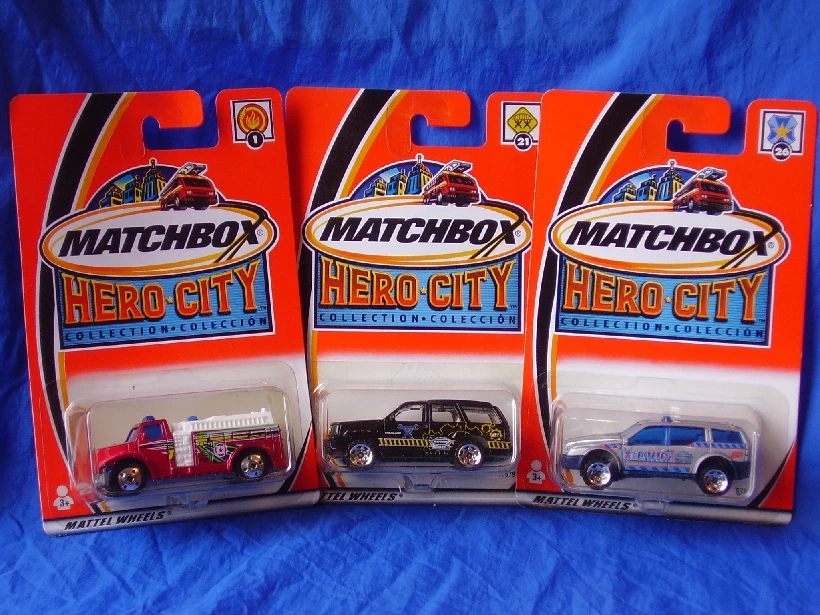 Matchbox Hero City Lot Treasure Hunt Fire Truck #1 Police Car #26 Caddy #21 NOC - Image 1 of 4