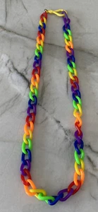 VTG 80s CHUNKY 27" Rainbow Plastic Chain Link Necklace 1980 Clip On Bell Charms - Picture 1 of 2