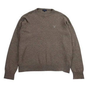 Gant Jumper Mens Large L Brown Lambswool Wool Crew Neck Knitted Logo Sweater - Picture 1 of 8