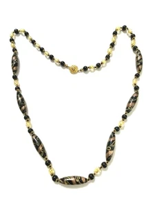 Vintage venezianische Lampwork schwarz gold foliert Glasperlen Wirbel lange Halskette - Bild 1 von 24
