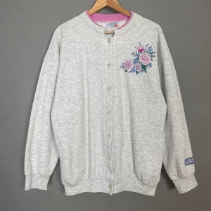 Vintage Strickjacke Sweatshirt Blumenmuster Grandmacore grau Knopfleiste Rosen groß - Bild 1 von 16