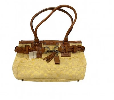 COACH Hampton Yellow Brown Shoulder Tote  Handbag Signature Jacquard F13065 - Image 1 of 4