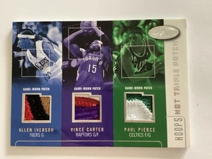 IVERSON/ CARTER/ PIERCE 2002-03 NBA HOOPS HOT TRIPLE GAME-WORN PATCH #36/75!! - Picture 1 of 15