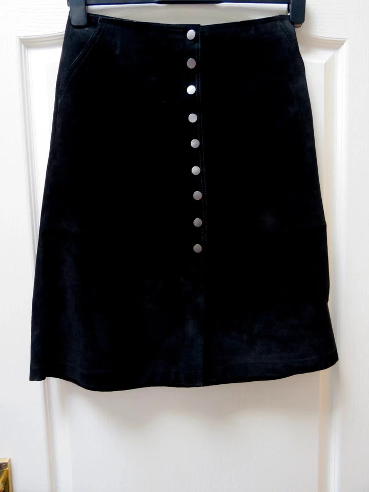 Warehouse 100% Suede Leather Skirt Size 10 Black Quiet Luxury Cowgirl 70s Boho - Image 1 of 4