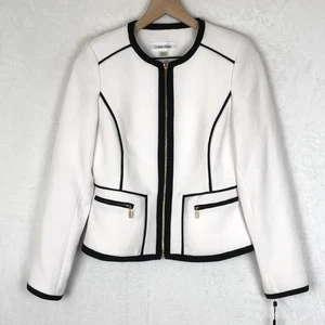 NWT TALBOTS Pique Jacket Sz 6P Petite White Black Piping Pockets Zip Career NEW - Picture 1 of 13