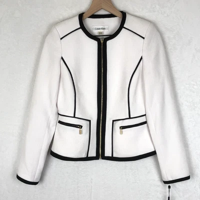 NWT TALBOTS Pique Jacket Sz 6P Petite White Black Piping Pockets Zip Career NEW - Image 1 of 4